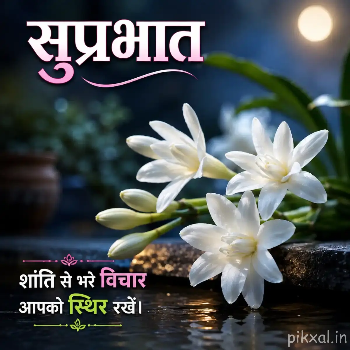 White Plumeria flowers with green leaves and a Hindi Good Morning message