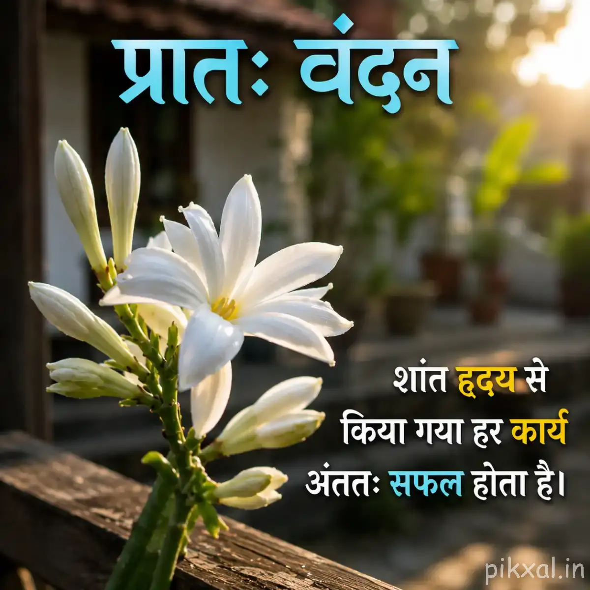 White Plumeria flowers with unopened buds and a Hindi morning wish