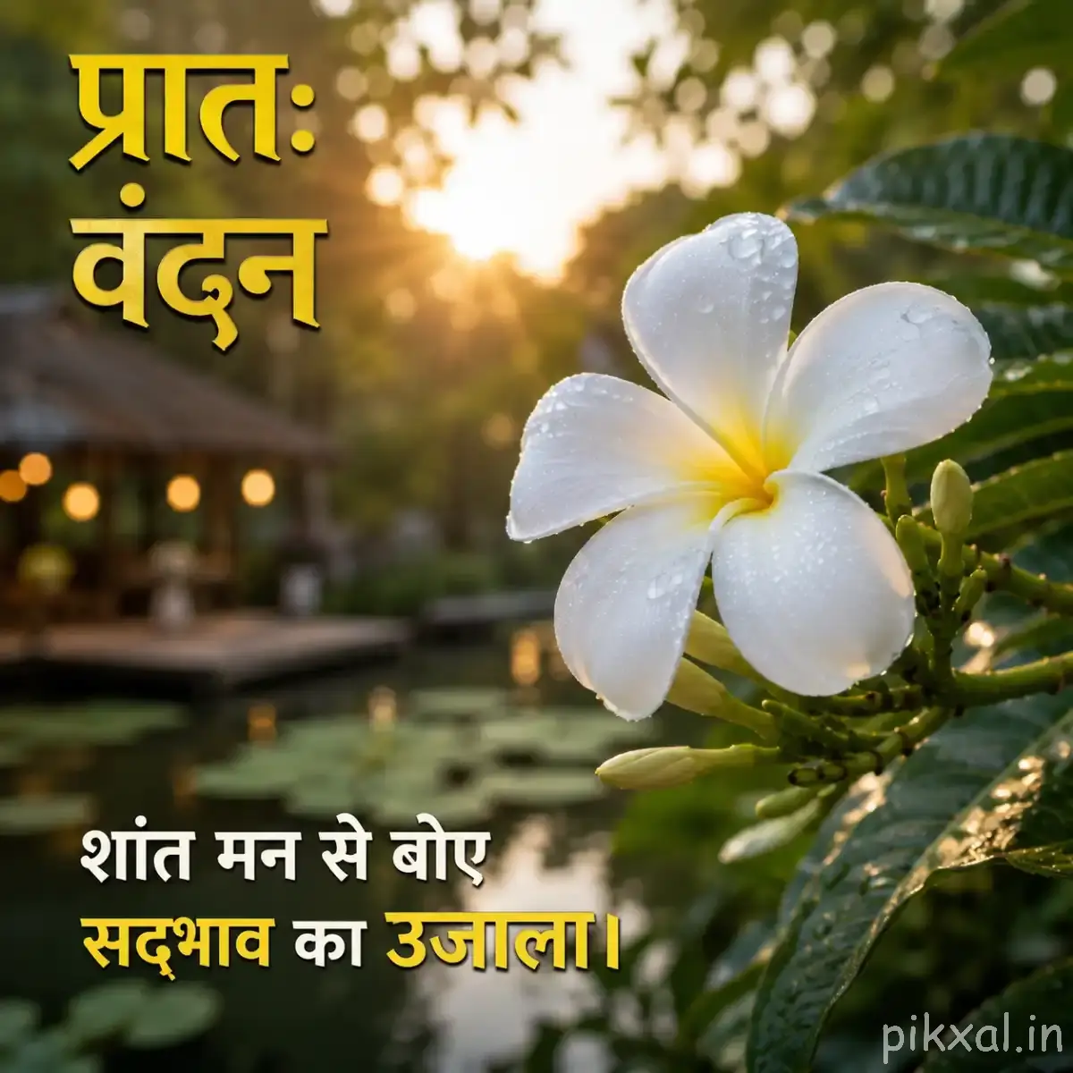 White Plumeria flower with green leaves and a Hindi Good Morning message