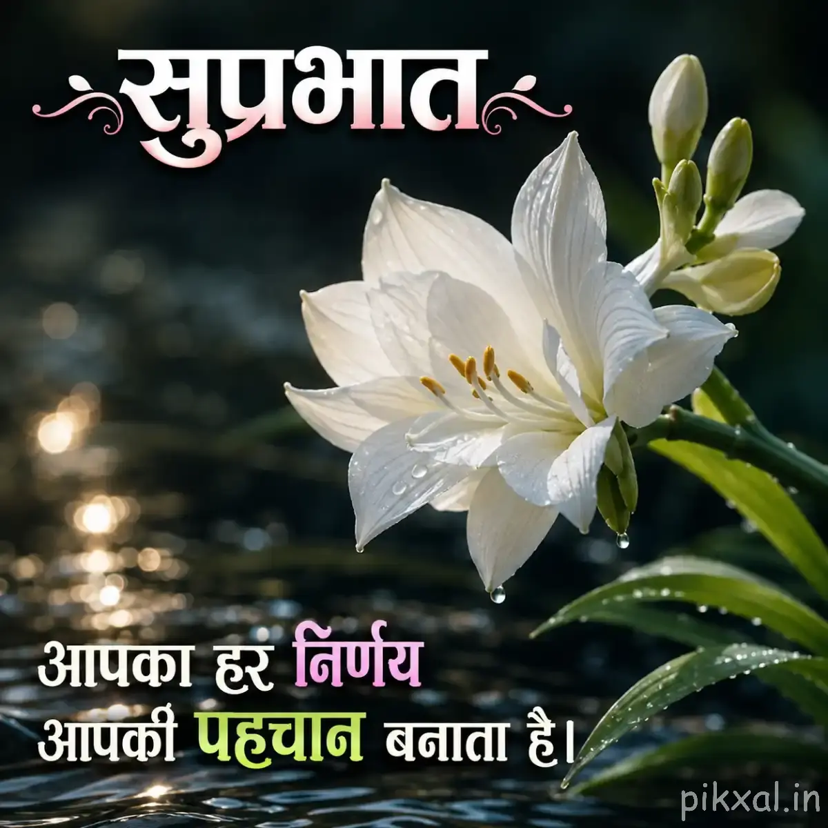 White fringed flower with green leaves and buds and a Hindi Good Morning message
