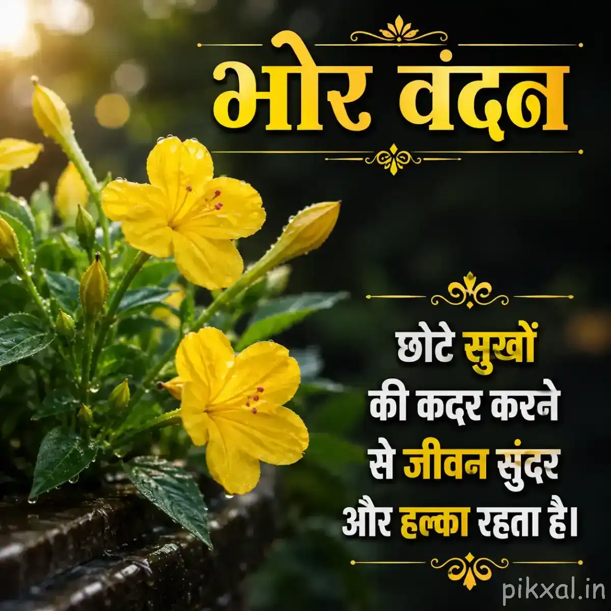 Yellow flowers on a leafy branch with a Hindi morning greeting against a dark blurred garden background