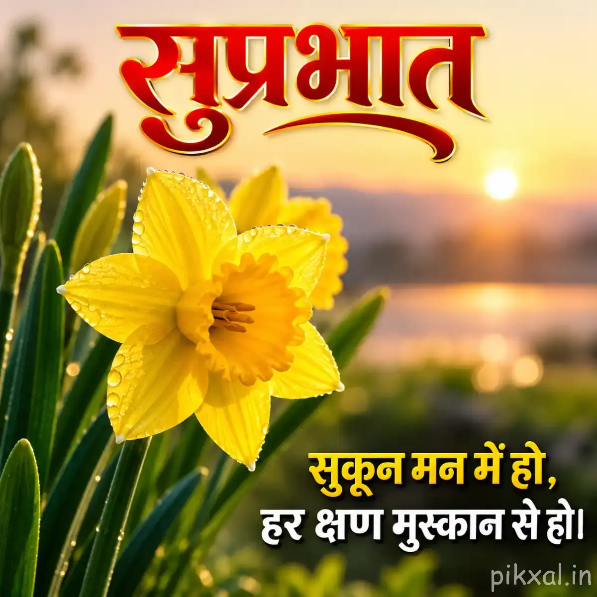 Single yellow flower with layered petals beside green leaves and a softly glowing sunrise background