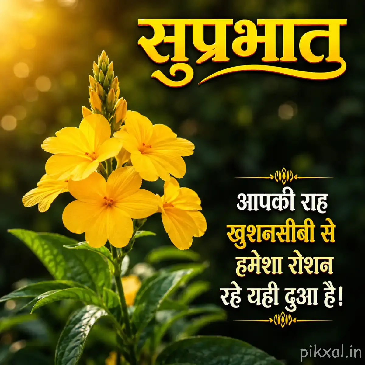 Several yellow flowers clustered among green foliage with a Hindi Good Morning wish