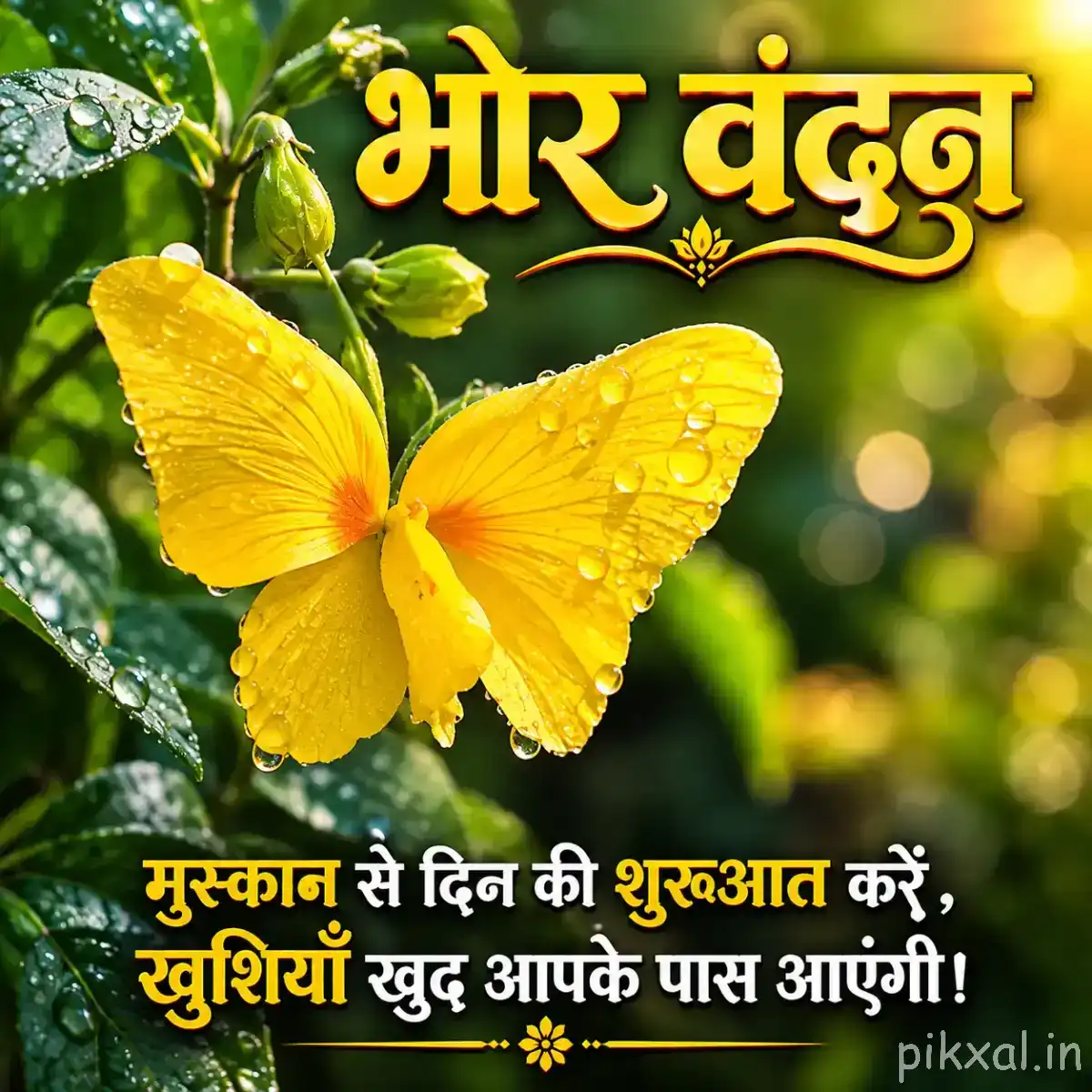 Yellow flower with orange centers on leafy stems, with visible water droplets and a Hindi morning wish