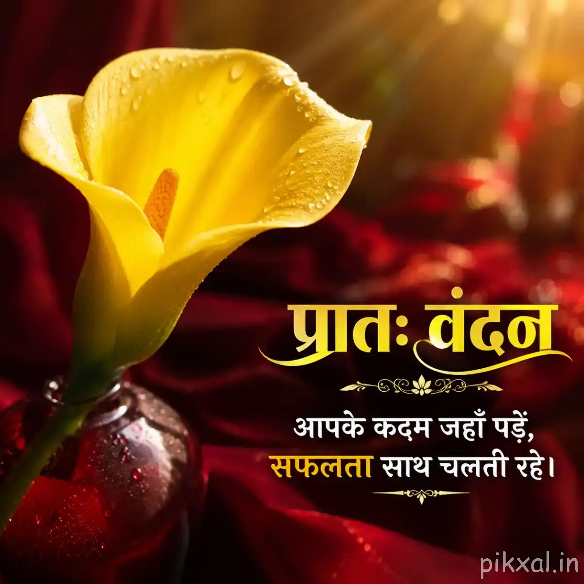 Yellow cup-shaped flower beside a fuzzy yellow flower against a red blurred background with a Hindi morning wish
