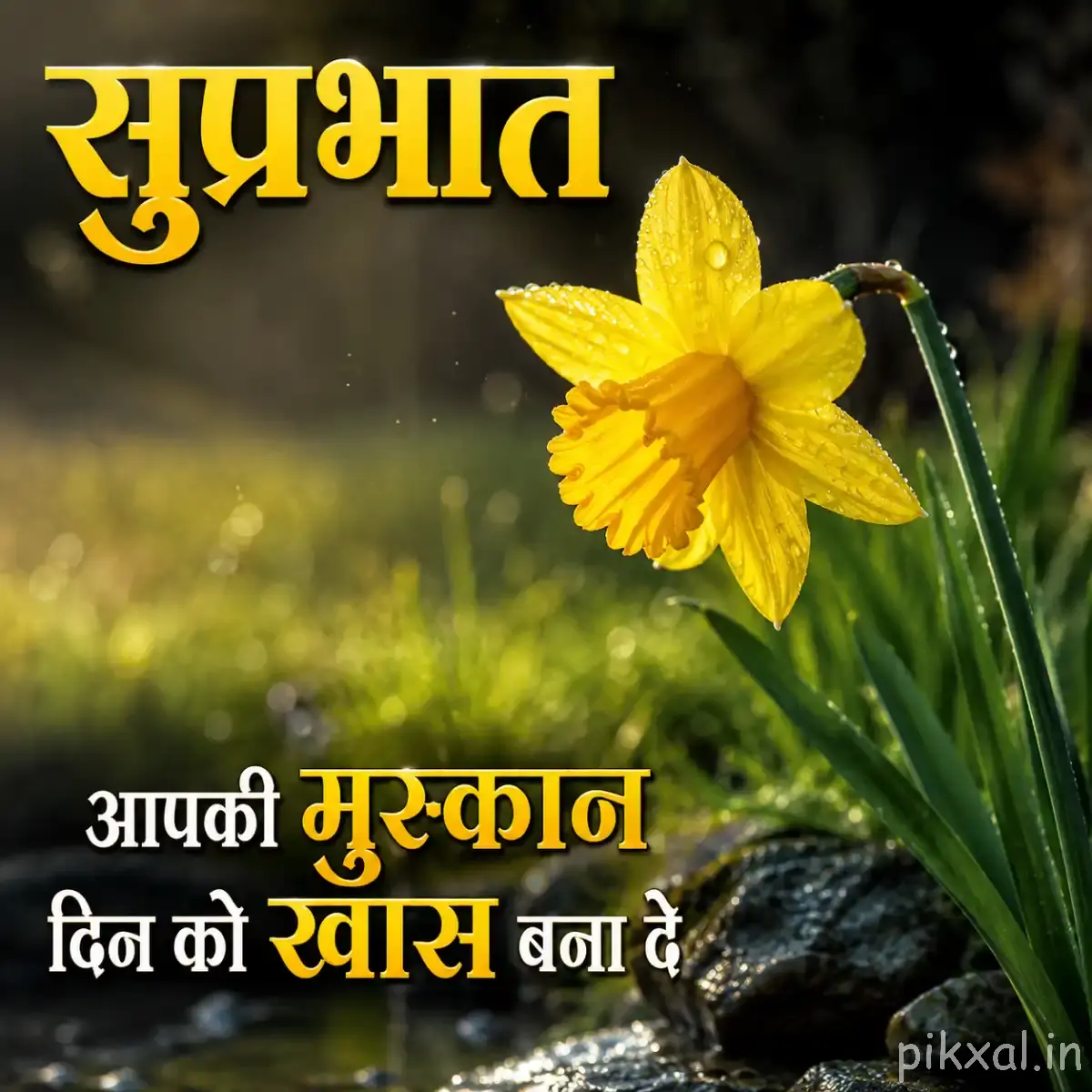 Single yellow trumpet-shaped flower with a curved green stem against a dark blurred garden background