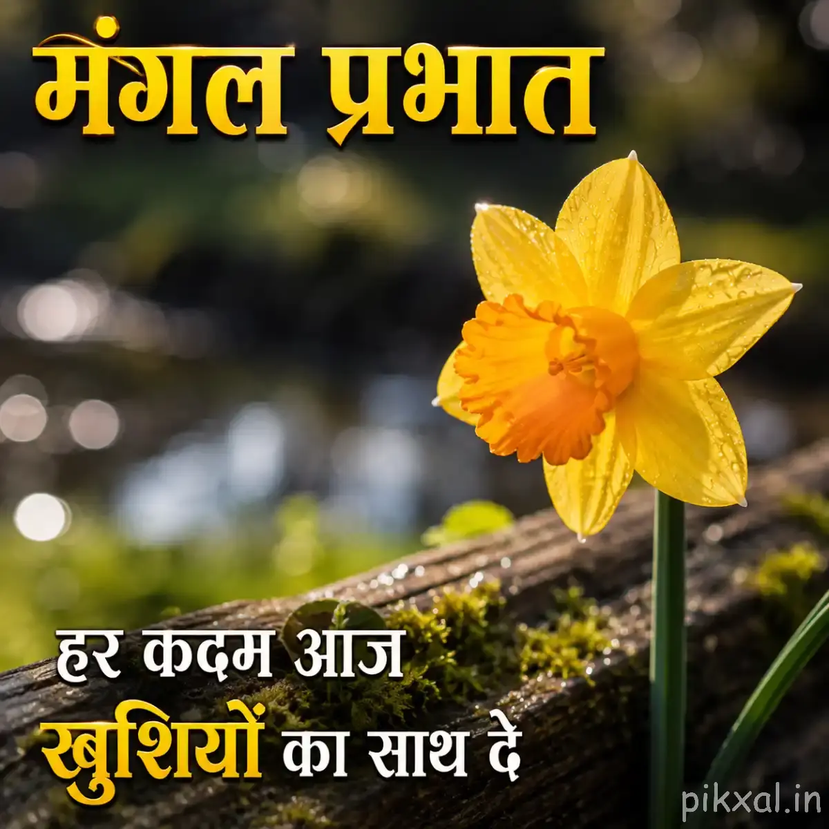 Single yellow flower with orange markings and green leaves against a softly blurred dark background