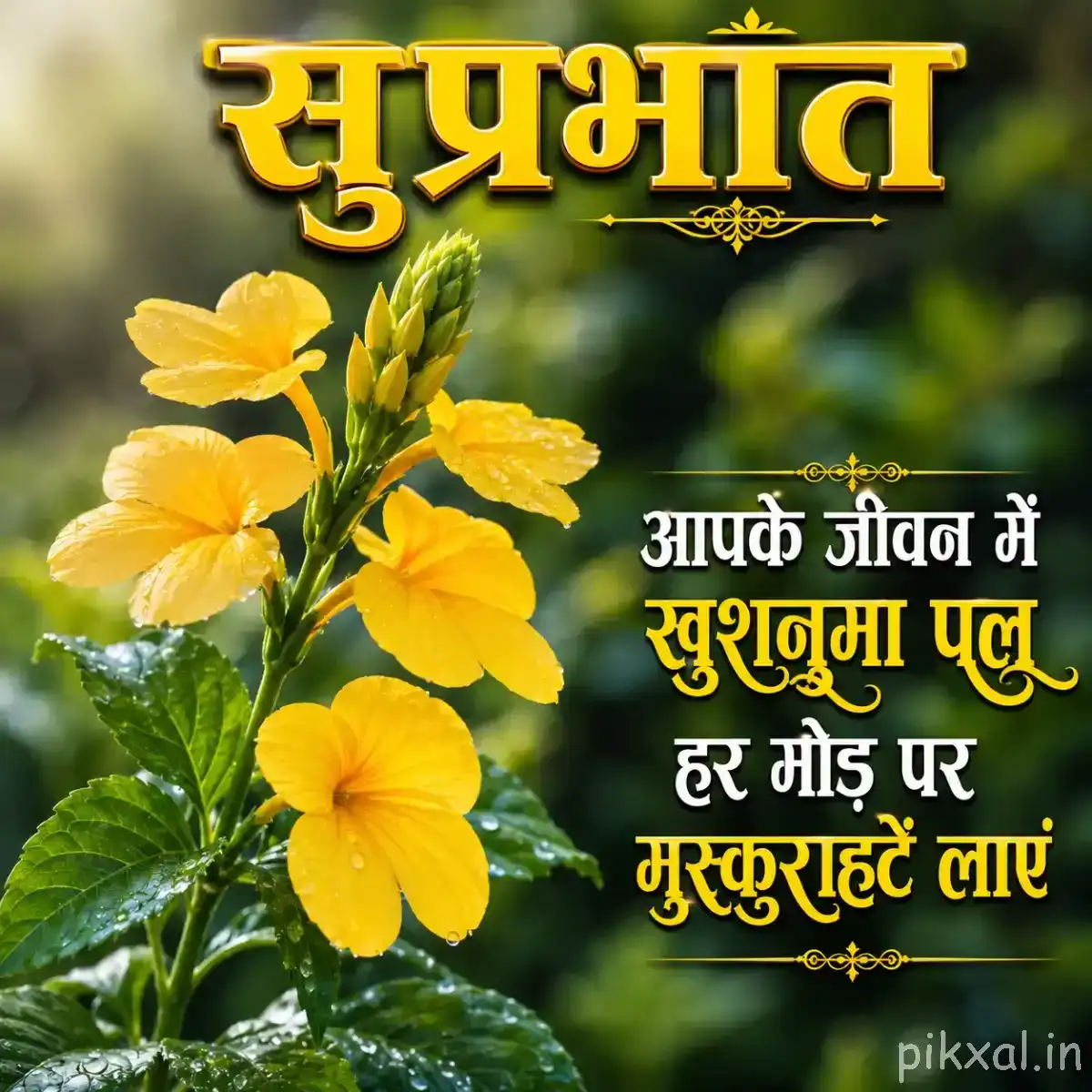 Several yellow flowers on leafy stems against a softly blurred green background with a Hindi Good Morning greeting