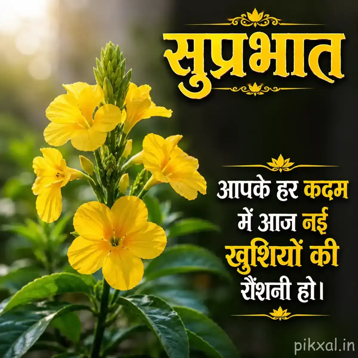 Multiple yellow flowers on leafy stems with warm sunlight and a softly blurred green background
