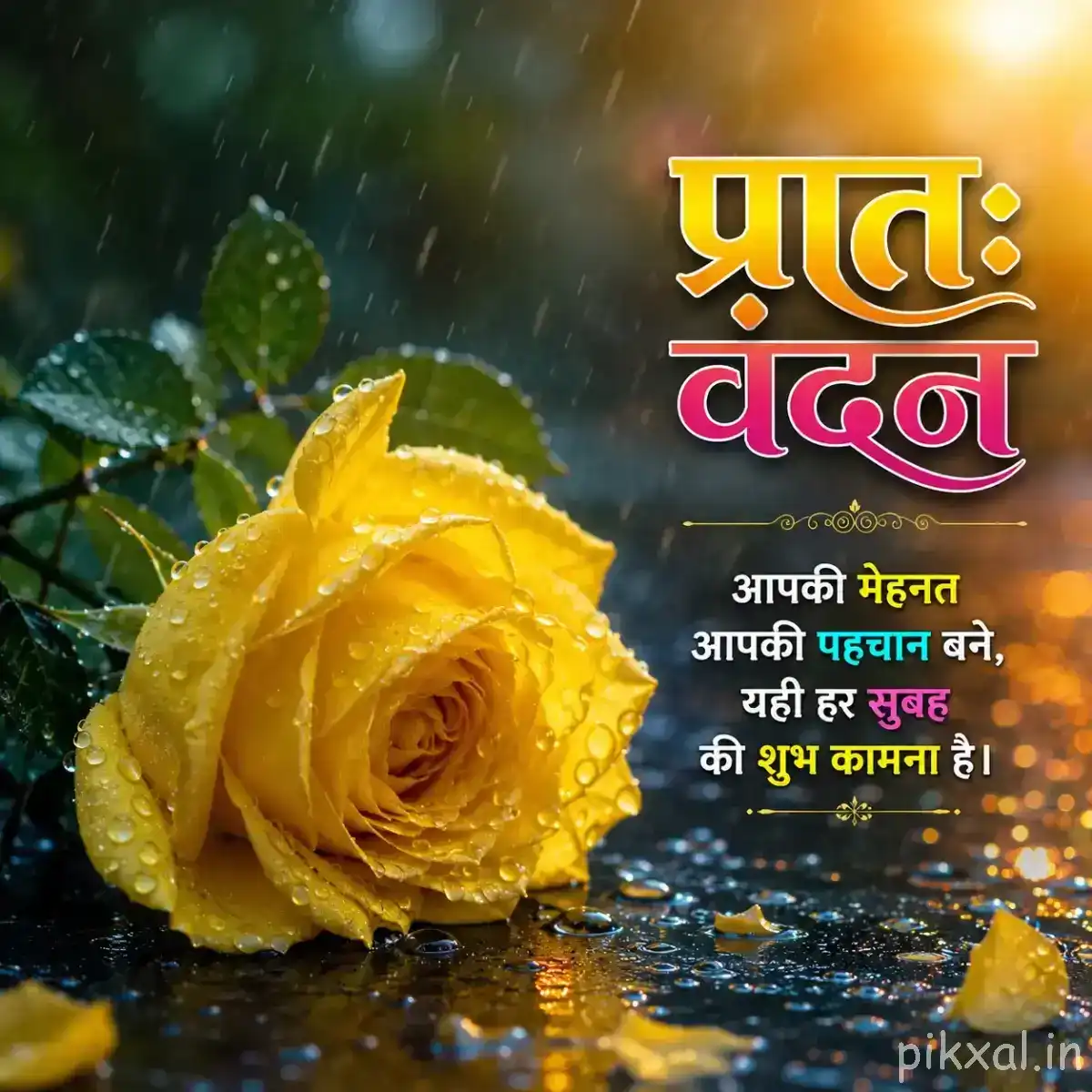 Yellow rose with water droplets resting beside rippling water and a Hindi morning greeting