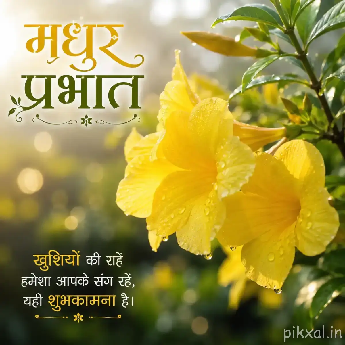 Cluster of yellow flowers with broad petals and green leaves against a softly blurred background with a Hindi morning wish