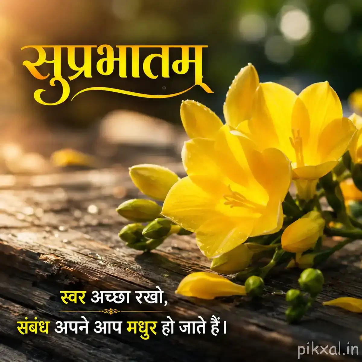 Several yellow flowers with rounded petals and unopened buds growing close to the ground with a Hindi Good Morning greeting