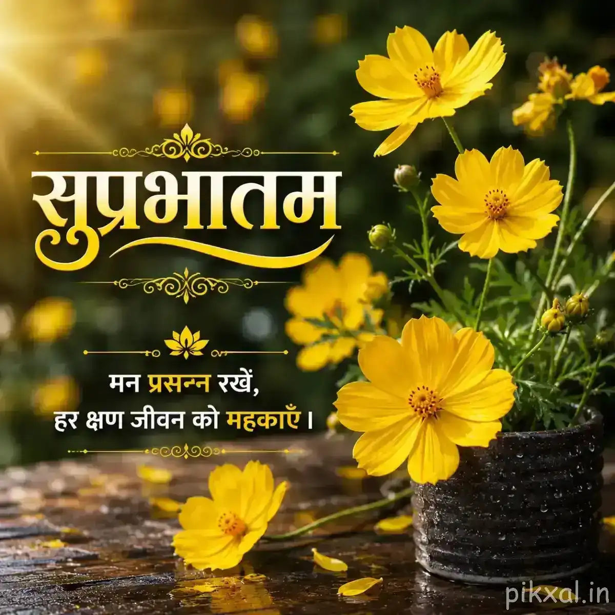 Several yellow flowers growing beside a dark flower pot on a garden surface with a Hindi morning wish