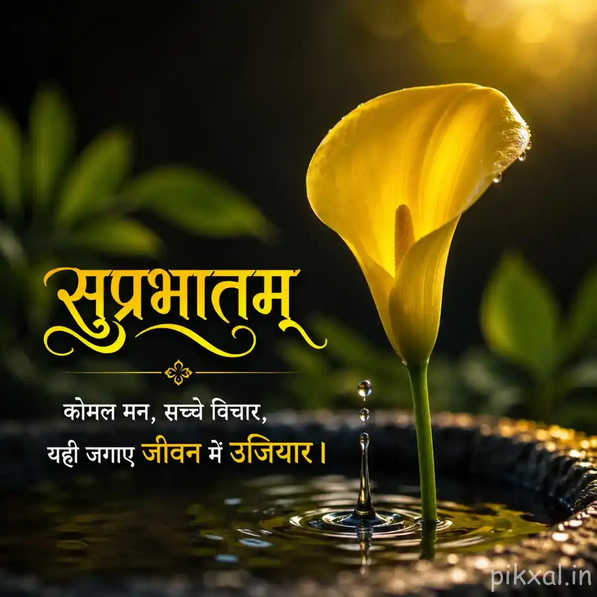 Single yellow cup-shaped flower with a curved bloom beside rippling water and green foliage