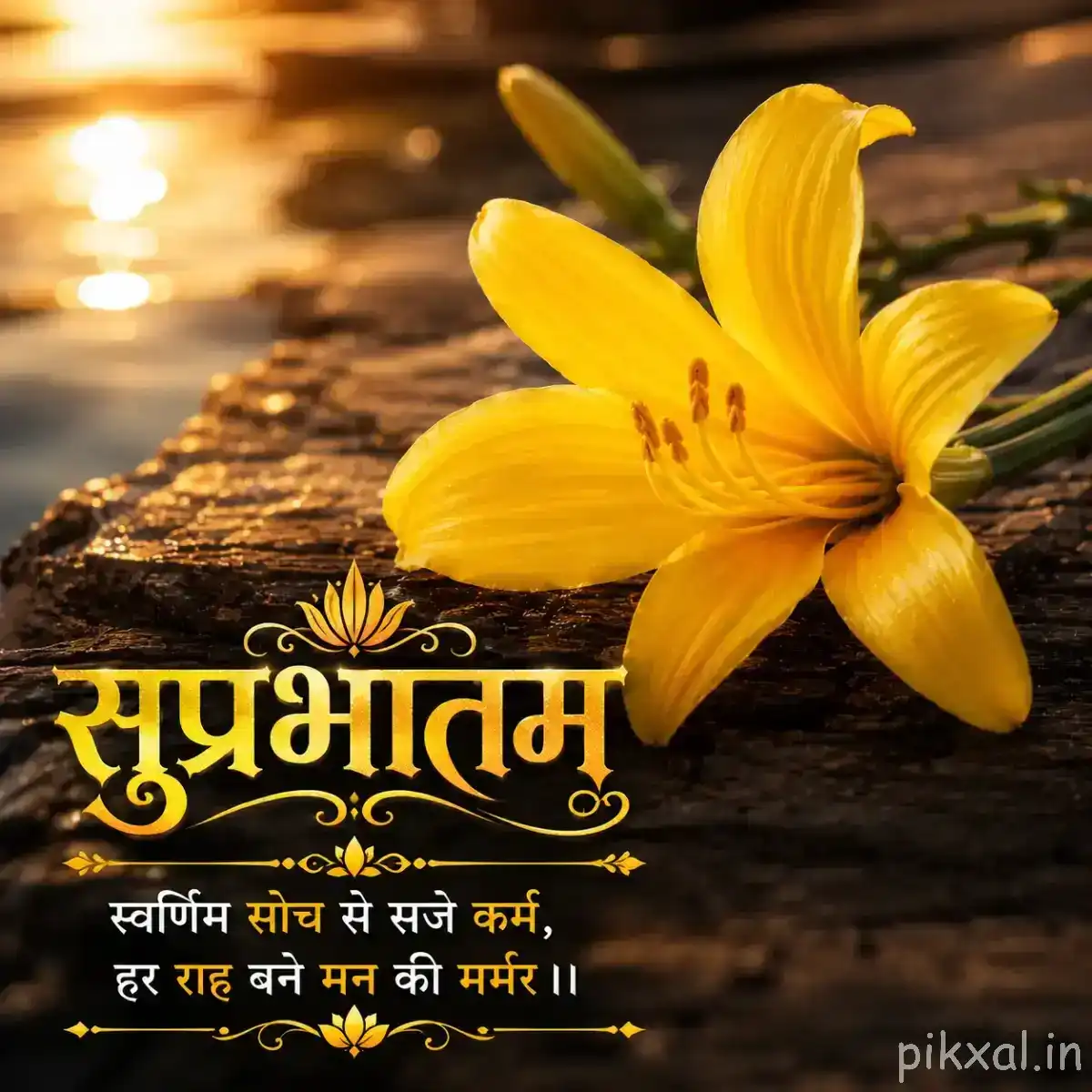 Open yellow flower with elongated petals resting on a weathered wooden surface beside water