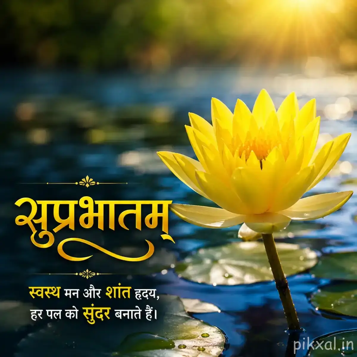 Large yellow layered flower floating on water with green leaves and a Hindi Good Morning greeting