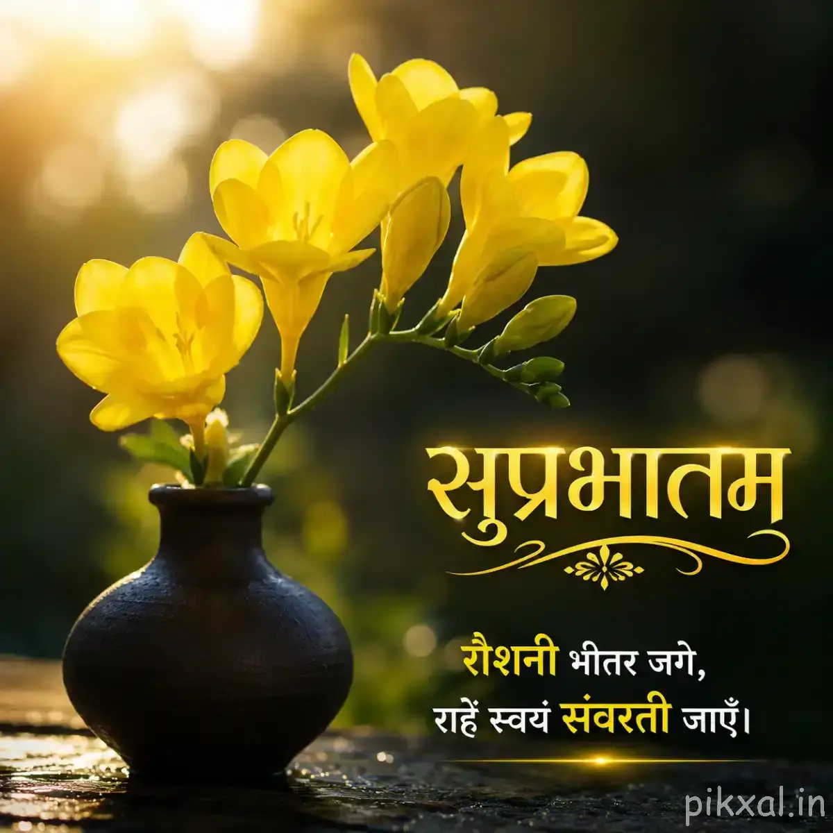 Cluster of yellow flowers with red centers arranged in a dark vase with a Hindi morning wish