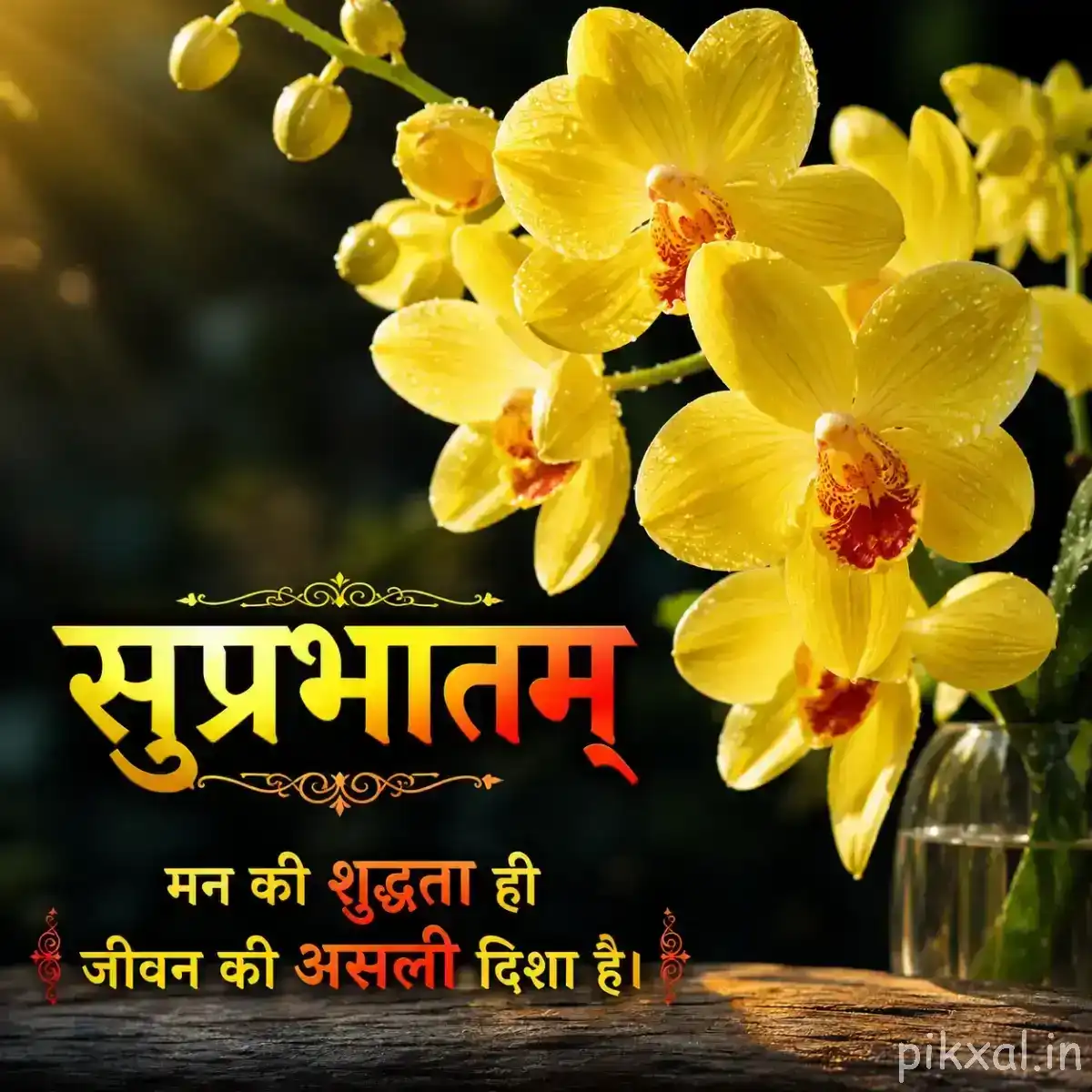 Cluster of pale yellow flowers with rounded petals and reddish centers beside green leaves with a Hindi Good Morning message