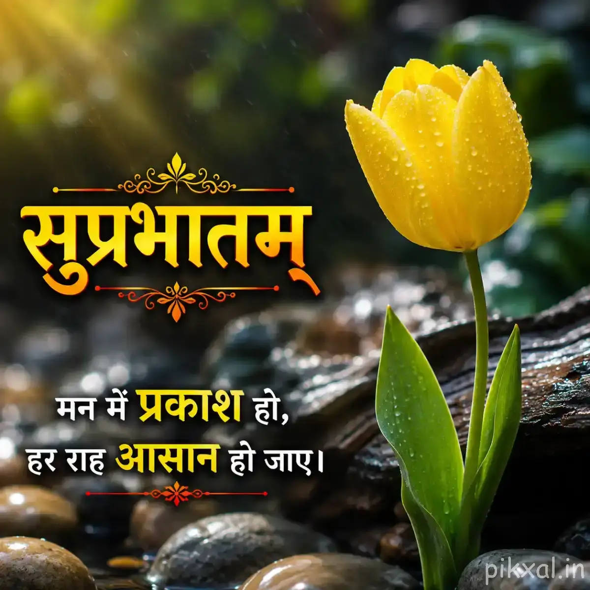 Single upright yellow cup-shaped flower with green leaves against a softly blurred garden background and a Hindi morning wish