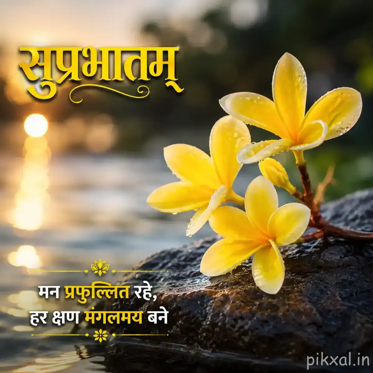 Yellow flowers growing beside rippling water with warm sunrise light and a Hindi Good Morning greeting