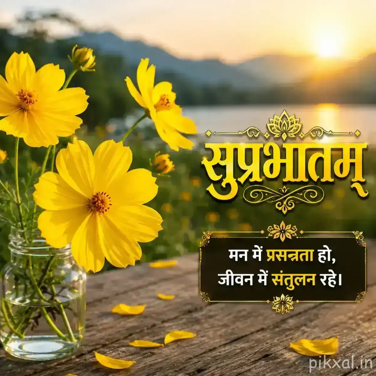 Yellow cosmos flowers with green leaves arranged in a clear glass vase with a Hindi morning wish