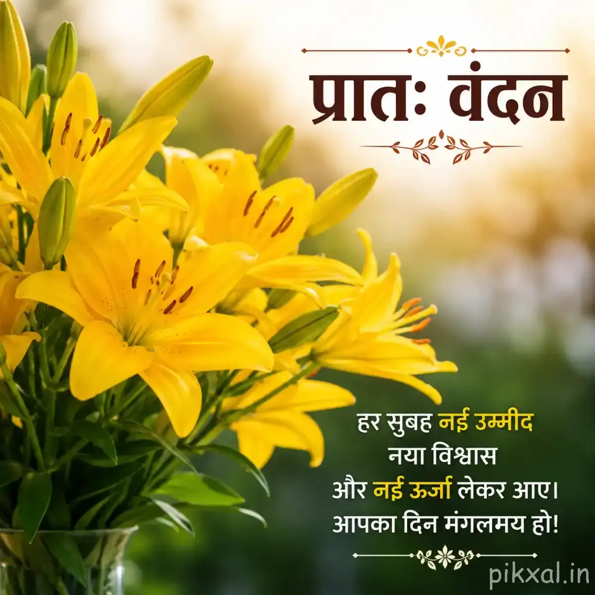 Bouquet of yellow flowers with green leaves arranged in a clear glass vase with a Hindi morning wish