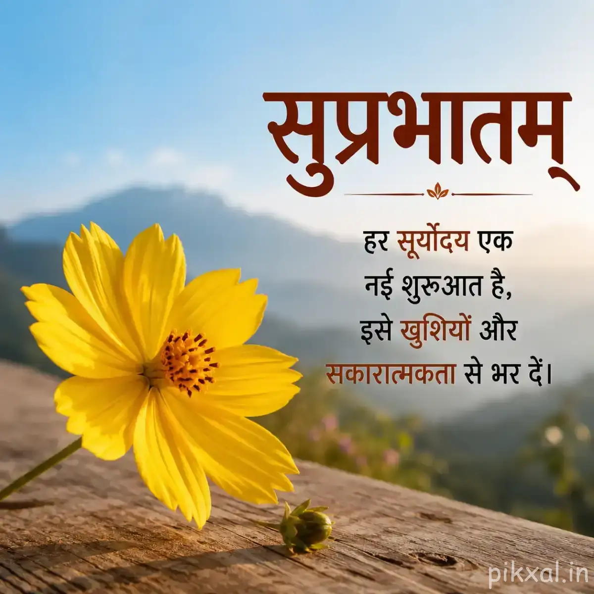 Single yellow flower with a dark center against a pale blue sky and a Hindi Good Morning message