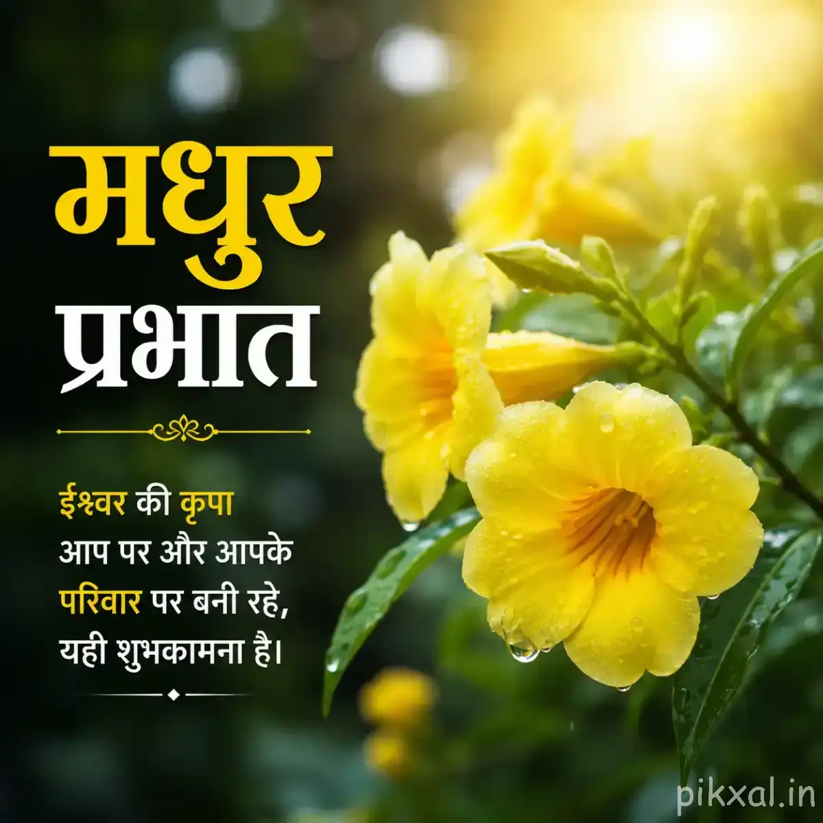 Two yellow flowers with broad petals and green leaves against a softly blurred background with a Hindi morning wish