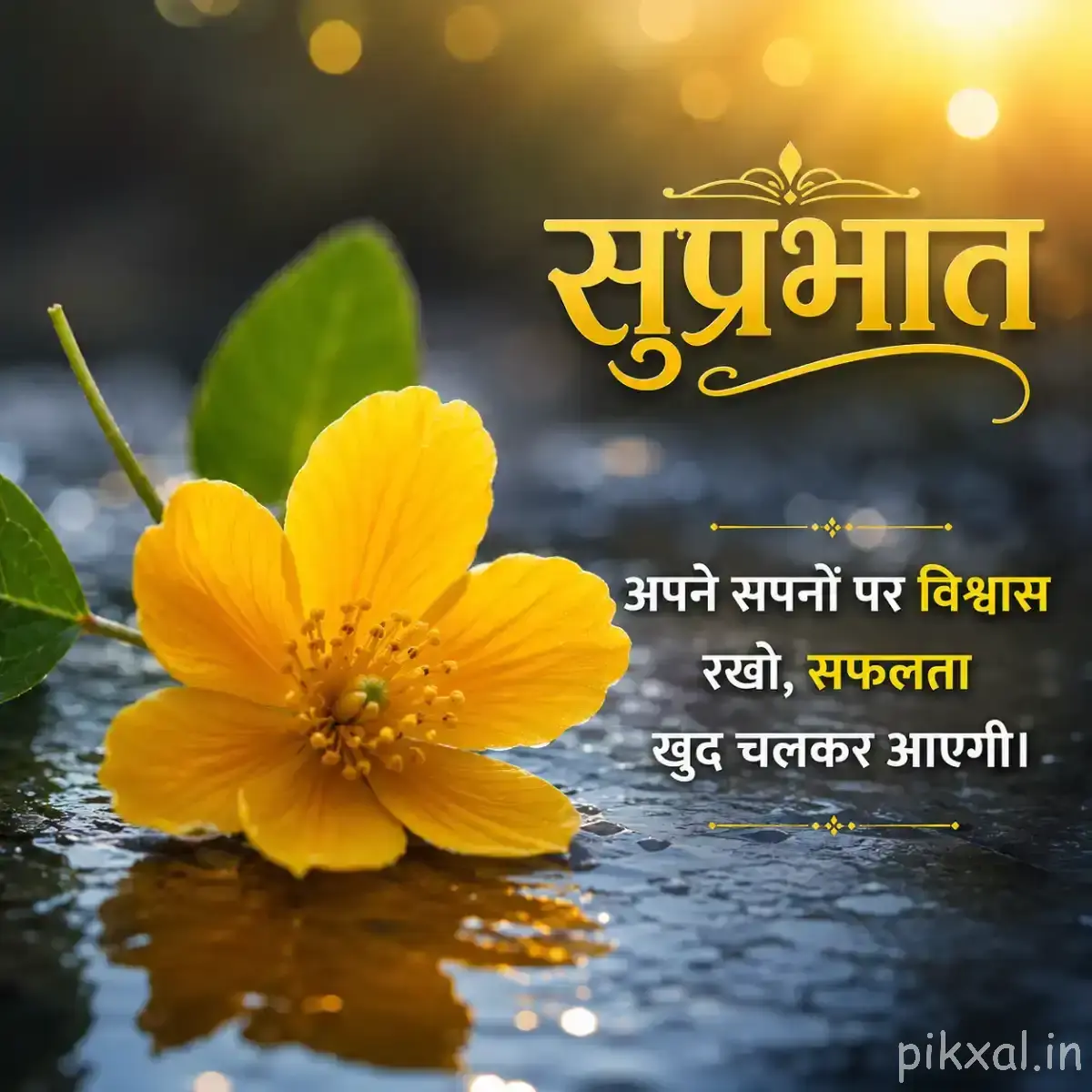 Open yellow flower with orange center beside rippling water, green leaves, and a Hindi morning greeting