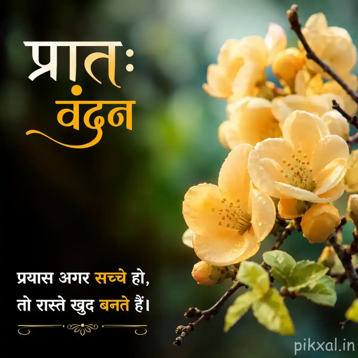 Cluster of pale cream flowers with rounded petals and green leaves beside a Hindi morning greeting