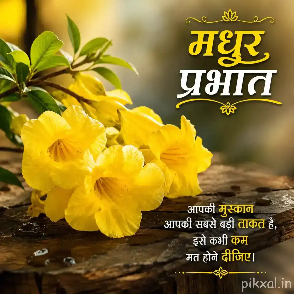 Several yellow flowers with rounded petals arranged on a wooden surface beside green leaves and a Hindi morning wish