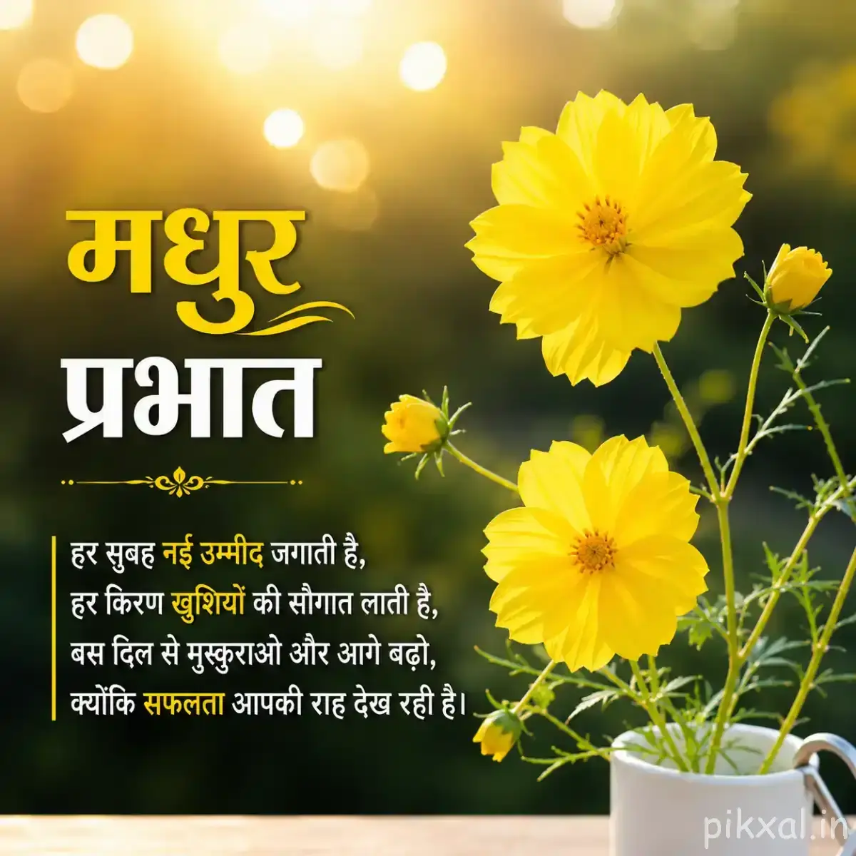 Several yellow flowers on slender stems growing in a white pot with a Hindi morning wish