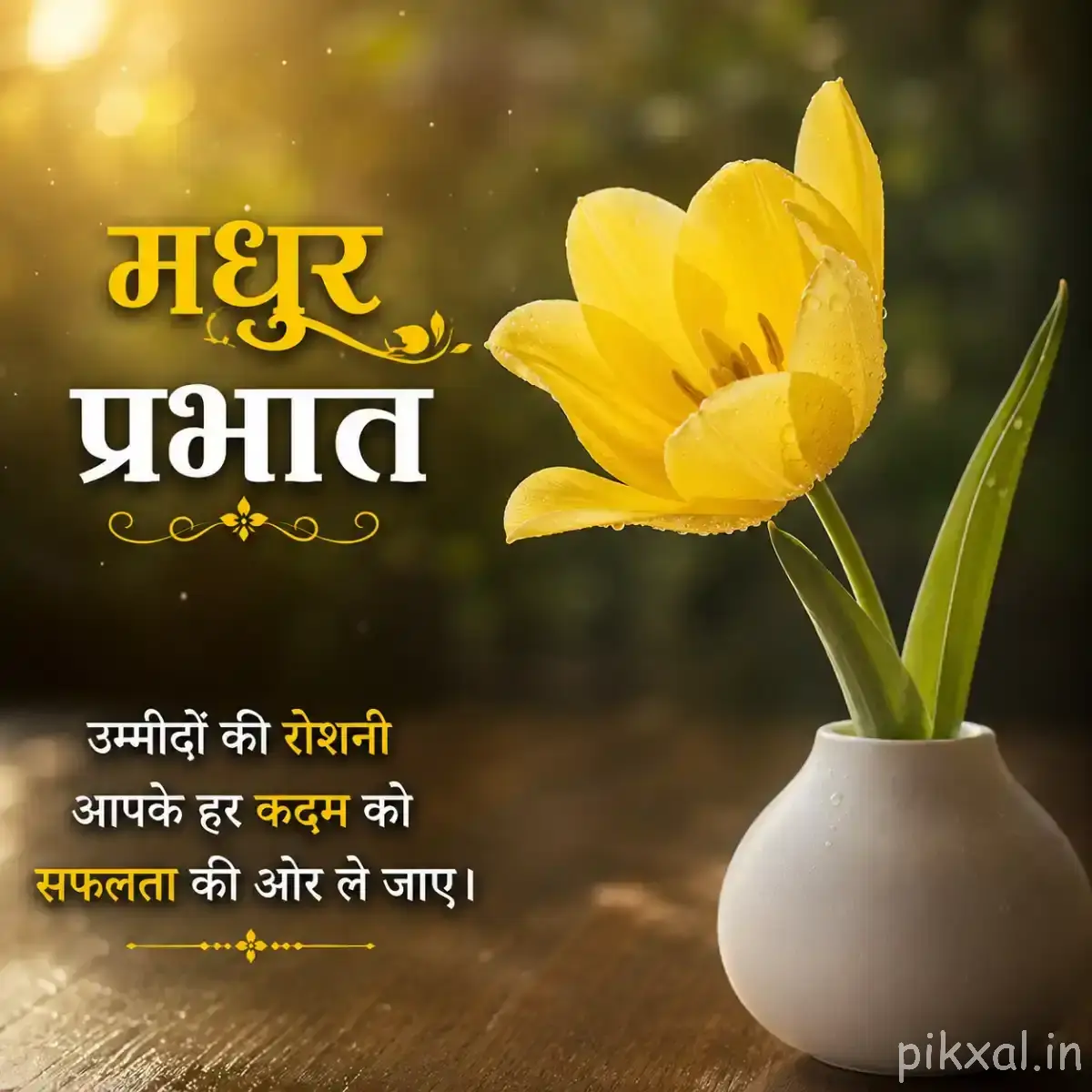Partially opened yellow flower with upright petals growing from a white pot beside green leaves