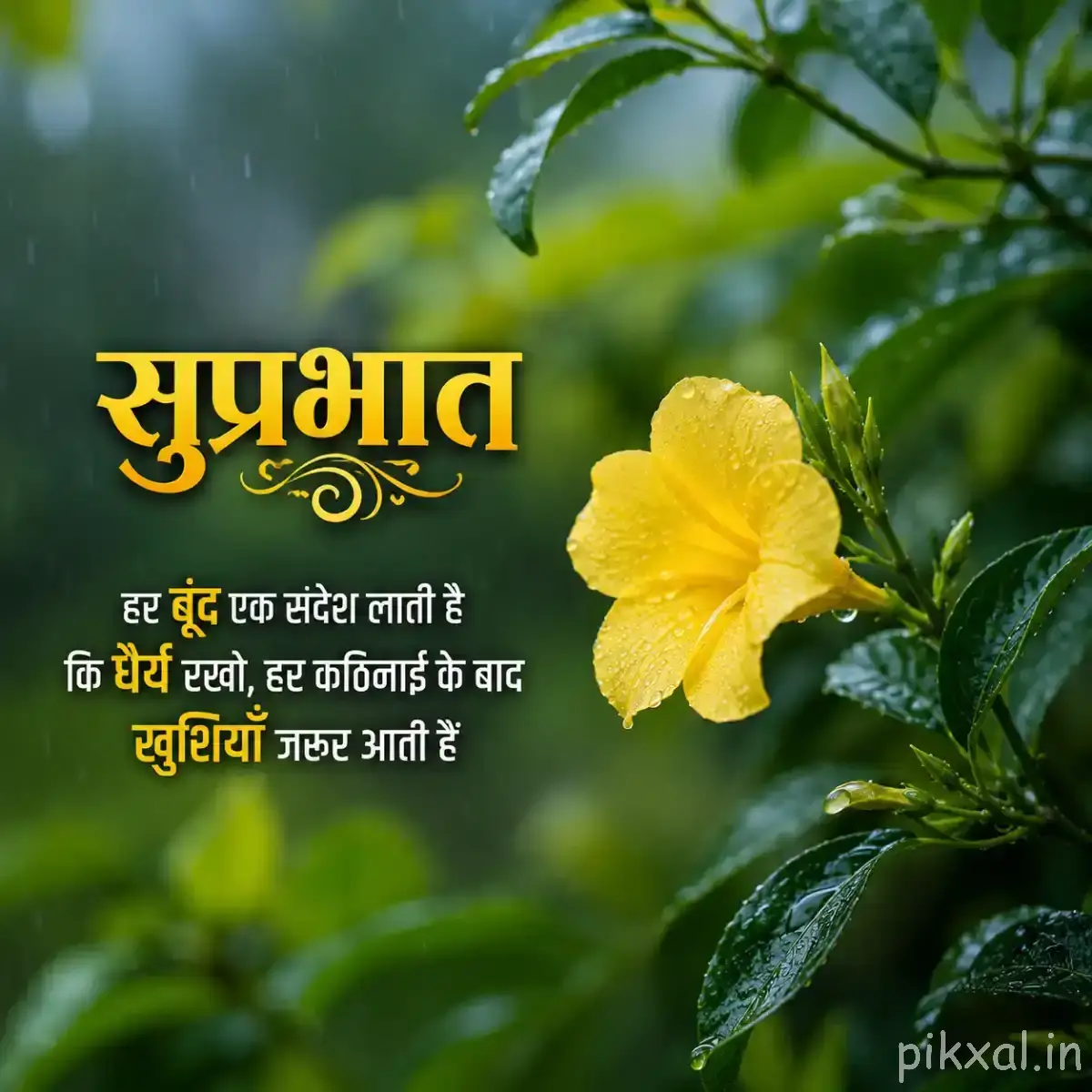 Yellow flower with broad petals among glossy green leaves and a Hindi Good Morning message