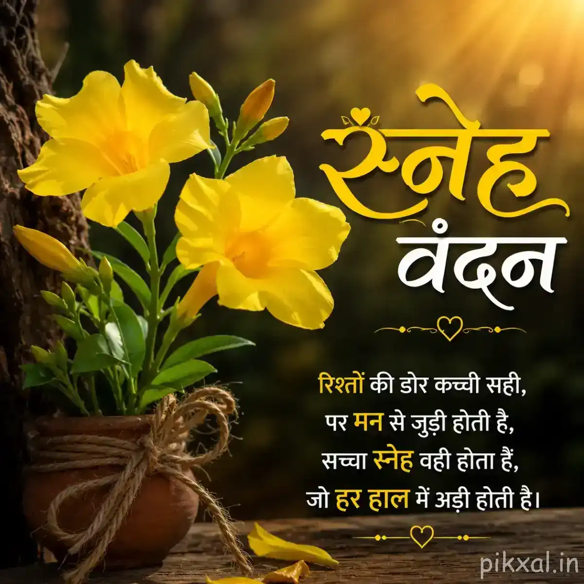 Several yellow flowers with green leaves arranged in a rustic container with a Hindi morning greeting