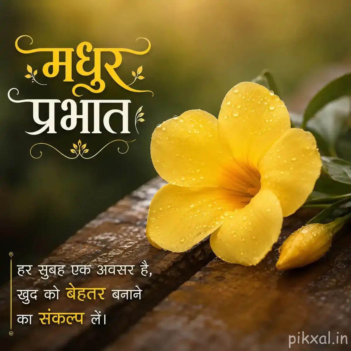 Pale yellow flower with rounded petals and water droplets beside green leaves on a branch