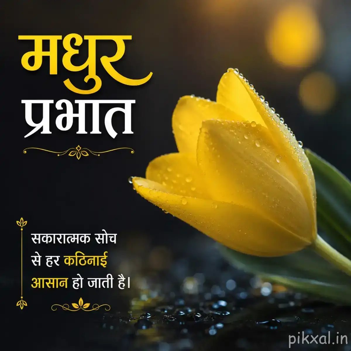 Partially opened yellow flower beside rippling water with a Hindi morning wish