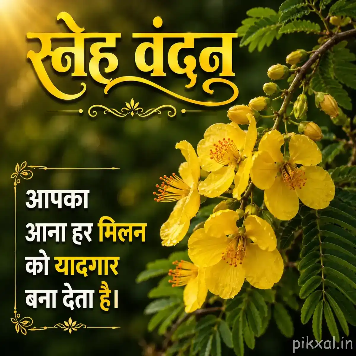 Cluster of small yellow flowers on a leafy branch with a Hindi morning greeting