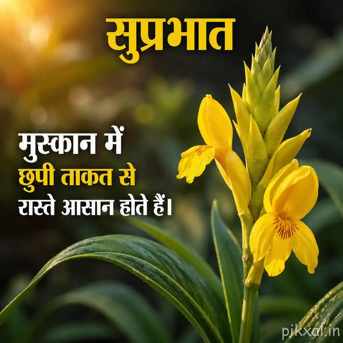 Upright yellow flower with narrow petals and green leaves with a Hindi Good Morning message