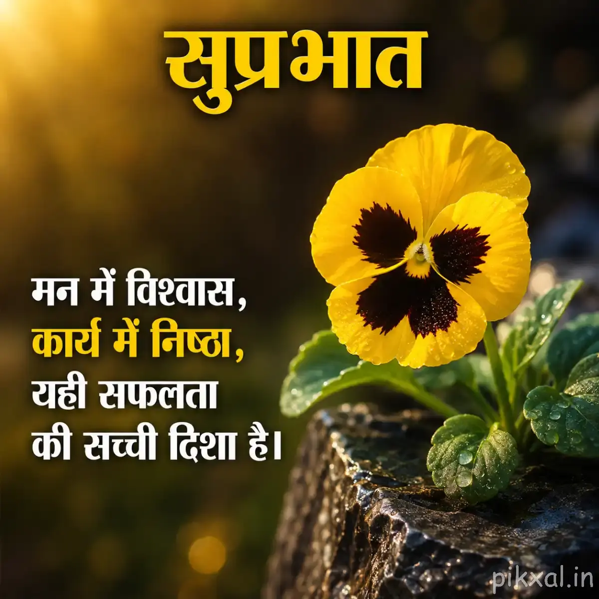 Yellow flower with a dark center and rounded petals beside green leaves, with a Hindi Good Morning wish