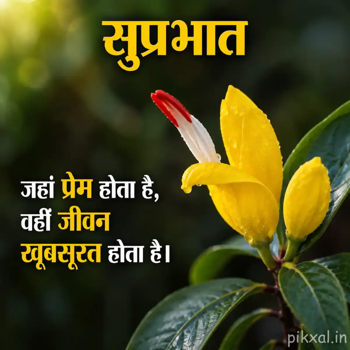 Yellow flower with elongated petals, orange-red center, and unopened buds on a leafy stem with a Hindi morning wish