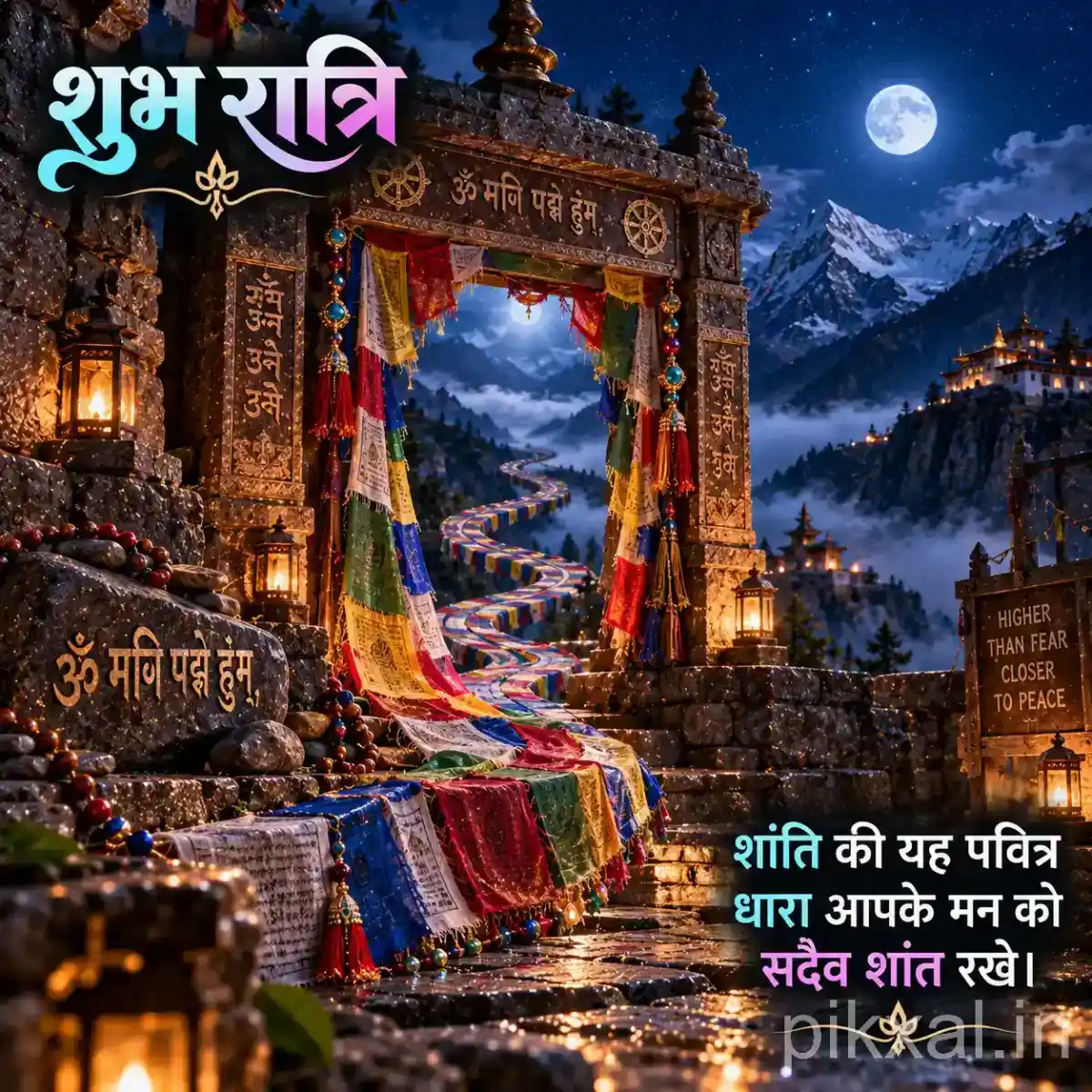 Spiritual Good Night Images featuring a beautifully illuminated Himalayan temple gateway with colorful prayer flags, glowing diyas, and snow-covered mountains under a moonlit sky