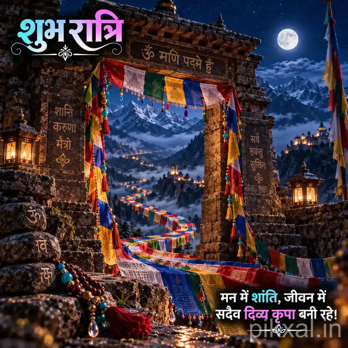 Ancient Himalayan temple gateway decorated with colorful prayer flags, glowing lamps, and a peaceful moonlit mountain landscape