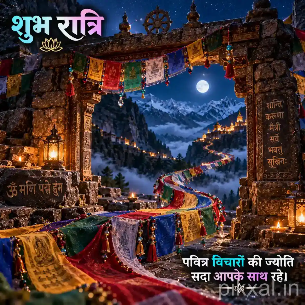 Traditional stone temple entrance adorned with colorful Buddhist prayer flags, warm lamps, and a serene Himalayan valley beneath the night sky