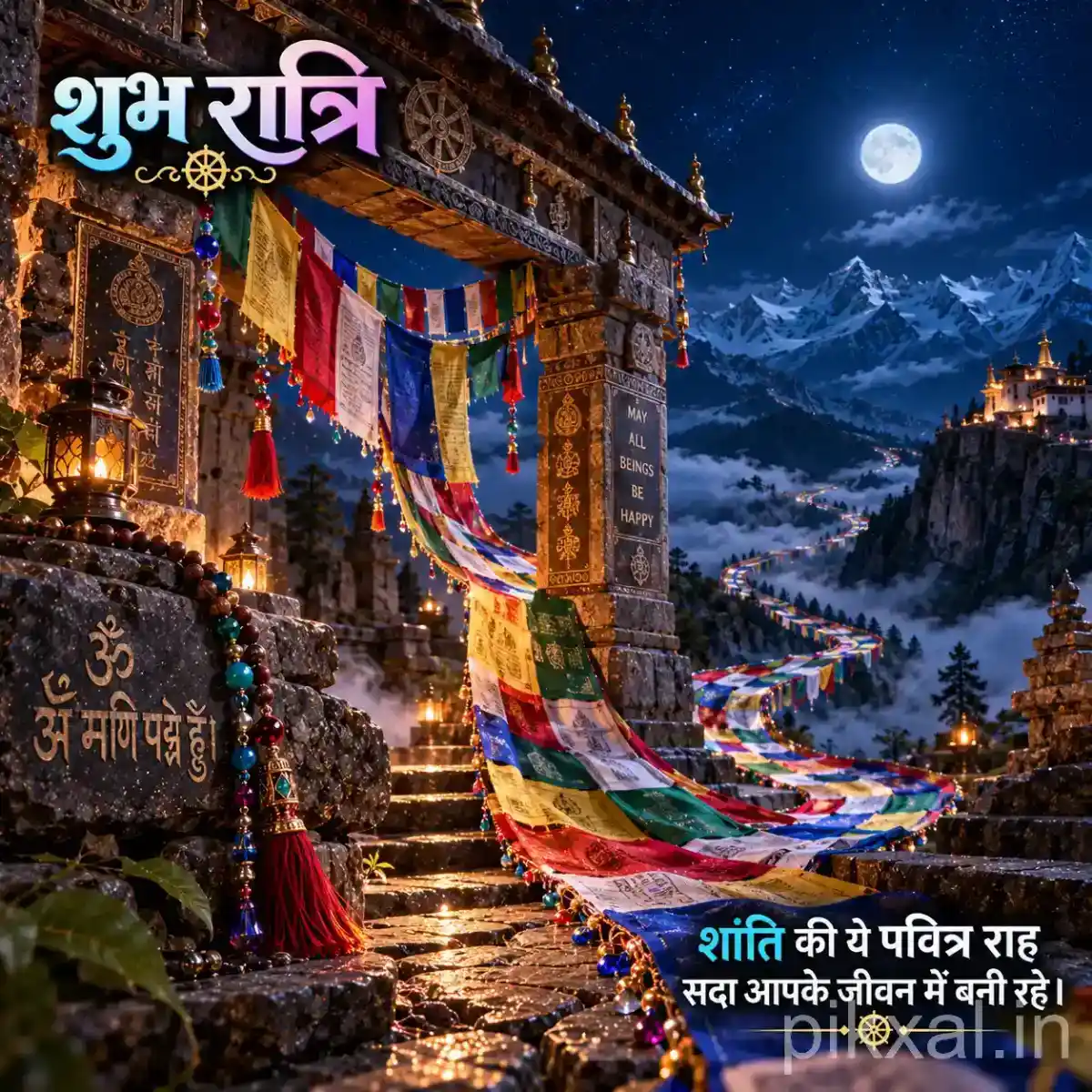 Himalayan temple gateway with colorful prayer flags, glowing diyas, snow-covered mountains, and a bright full moon in the background