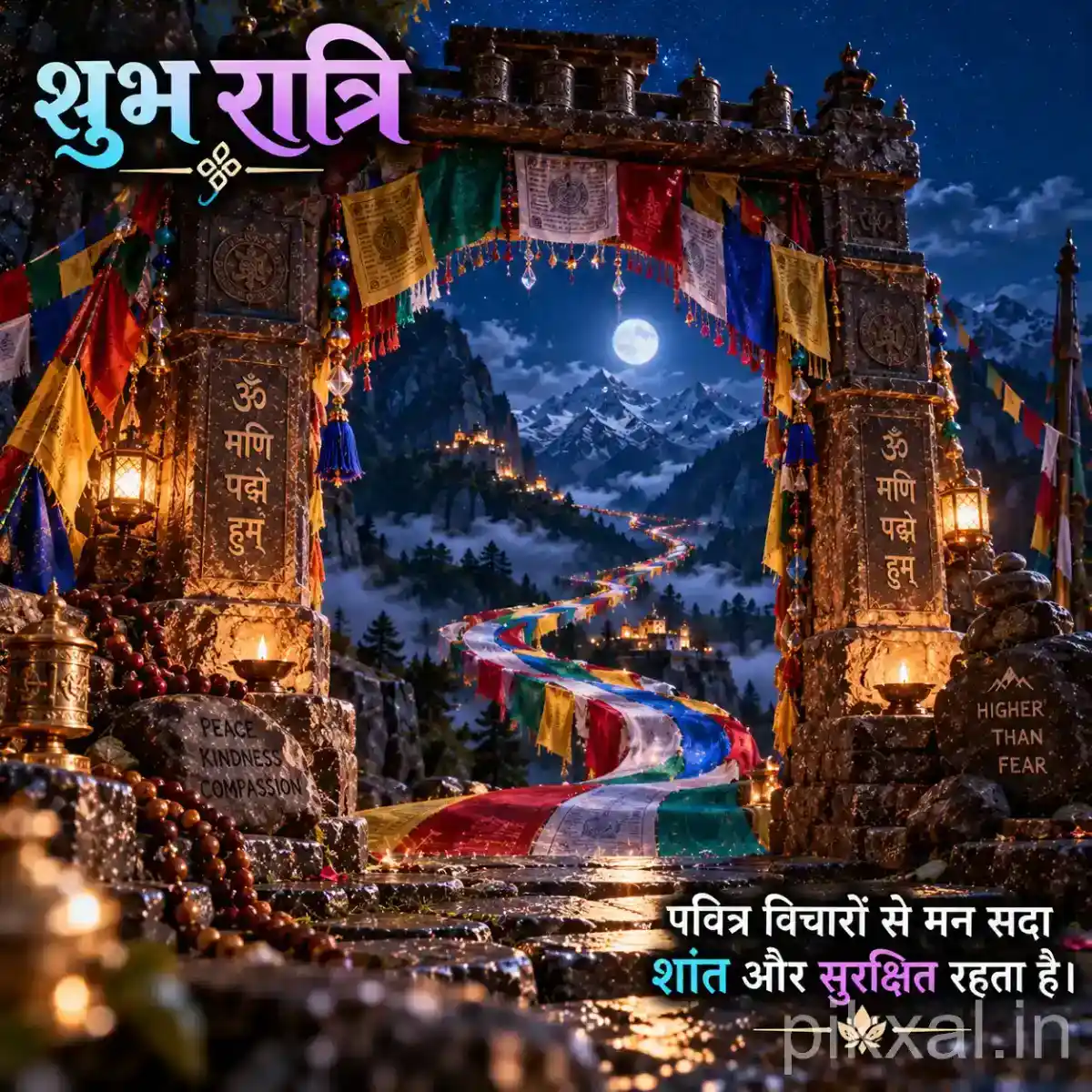Ornate mountain temple entrance decorated with colorful prayer flags and glowing lamps overlooking a peaceful moonlit Himalayan landscape