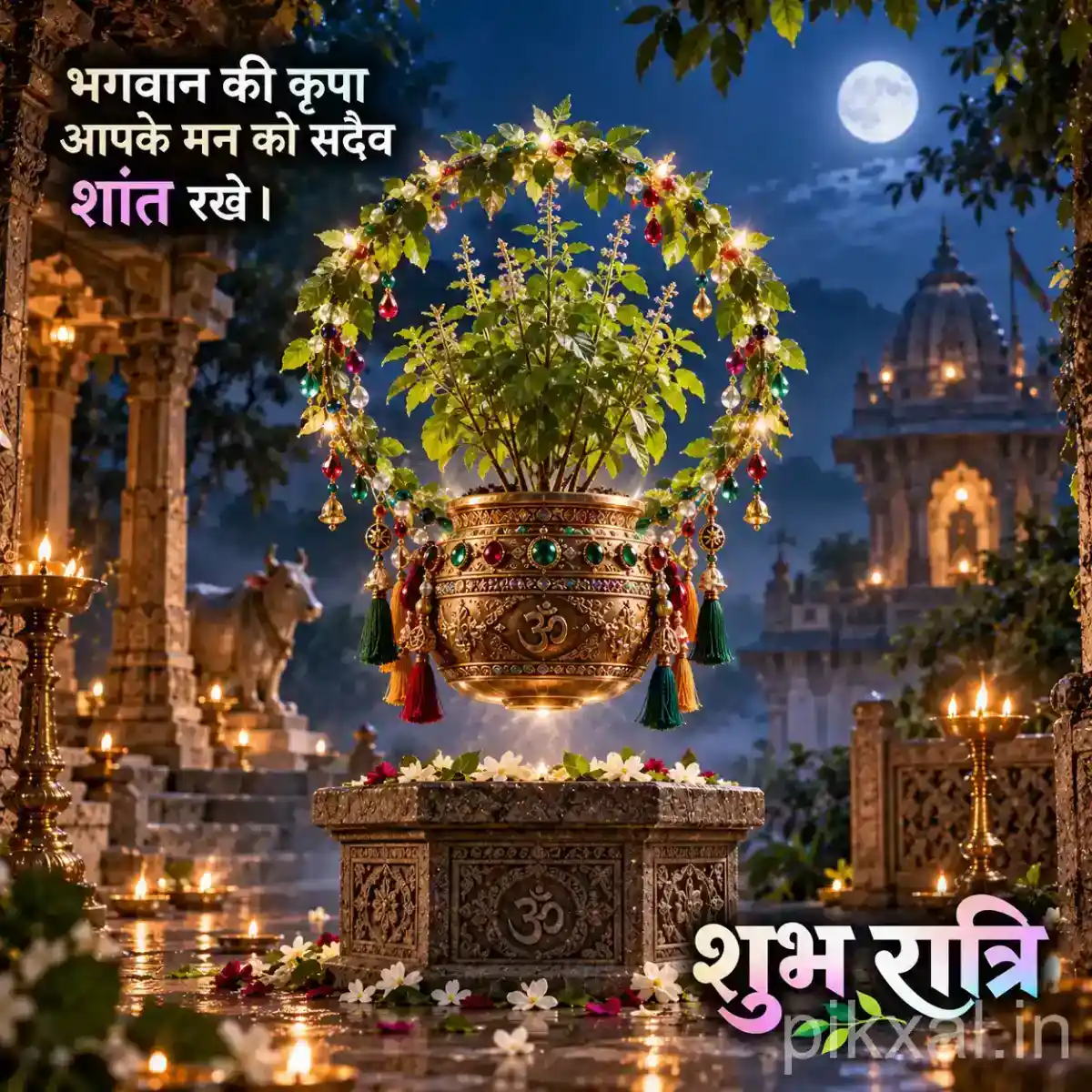 Sacred Tulsi plant in a decorated hanging planter surrounded by glowing diyas, flowers, and a beautifully illuminated temple courtyard