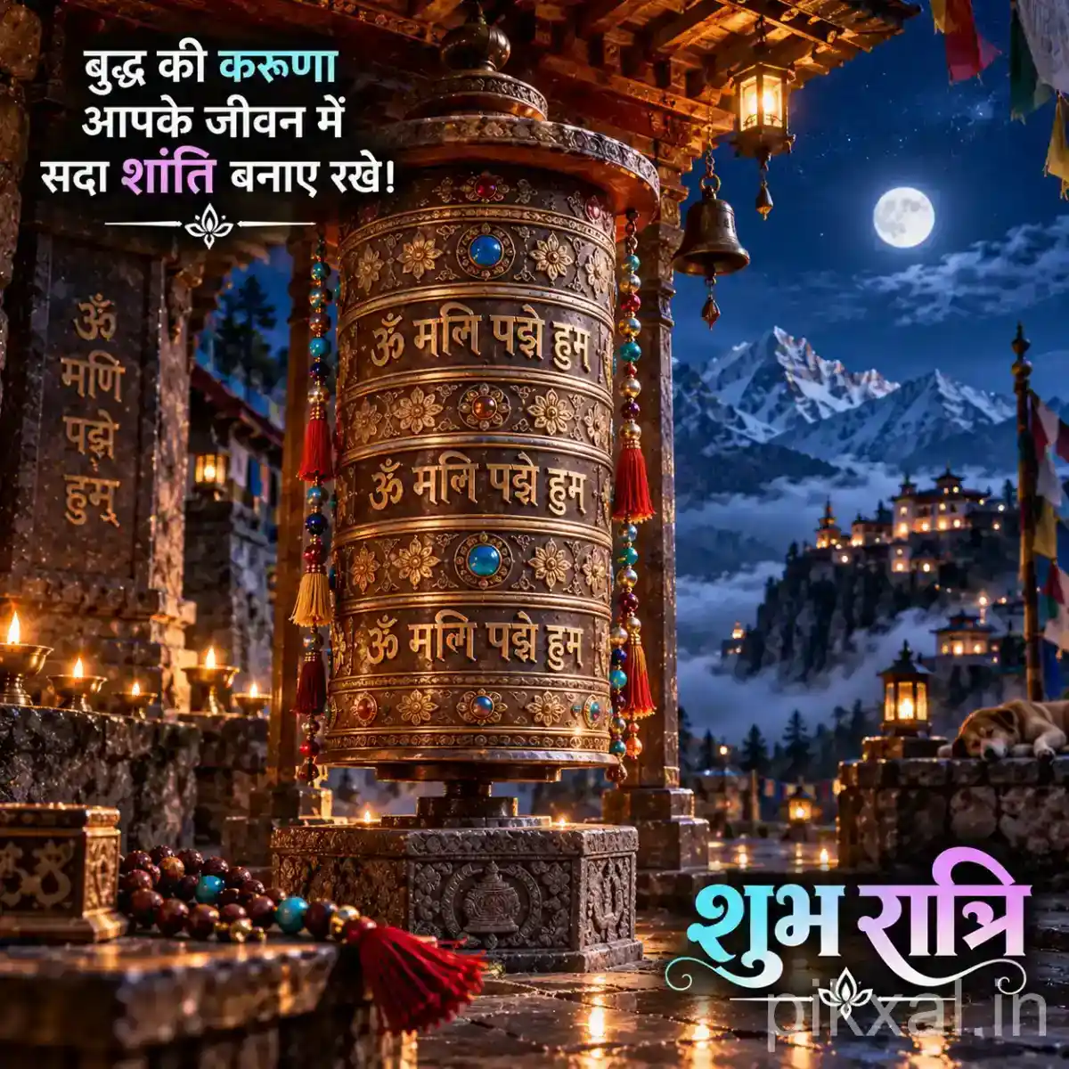 Traditional Himalayan prayer pillar decorated with sacred inscriptions, prayer flags, glowing lamps, and snow-covered mountains beneath a full moon