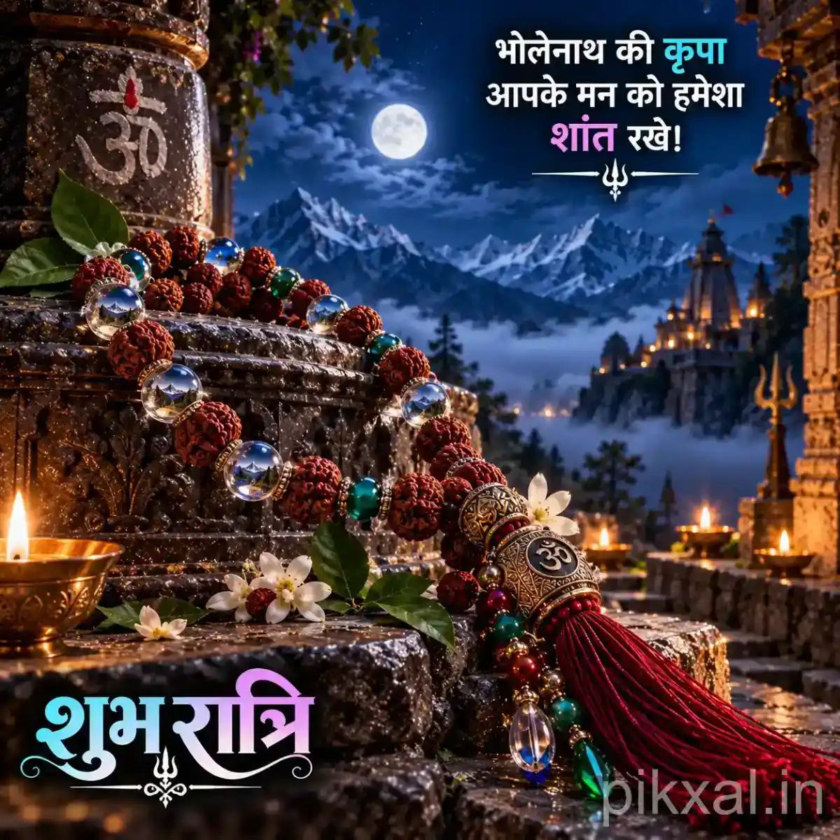 Shiva Shivling beside Rudraksha beads, sacred green leaves, flowers, and a glowing diya with snow-covered mountains in the background