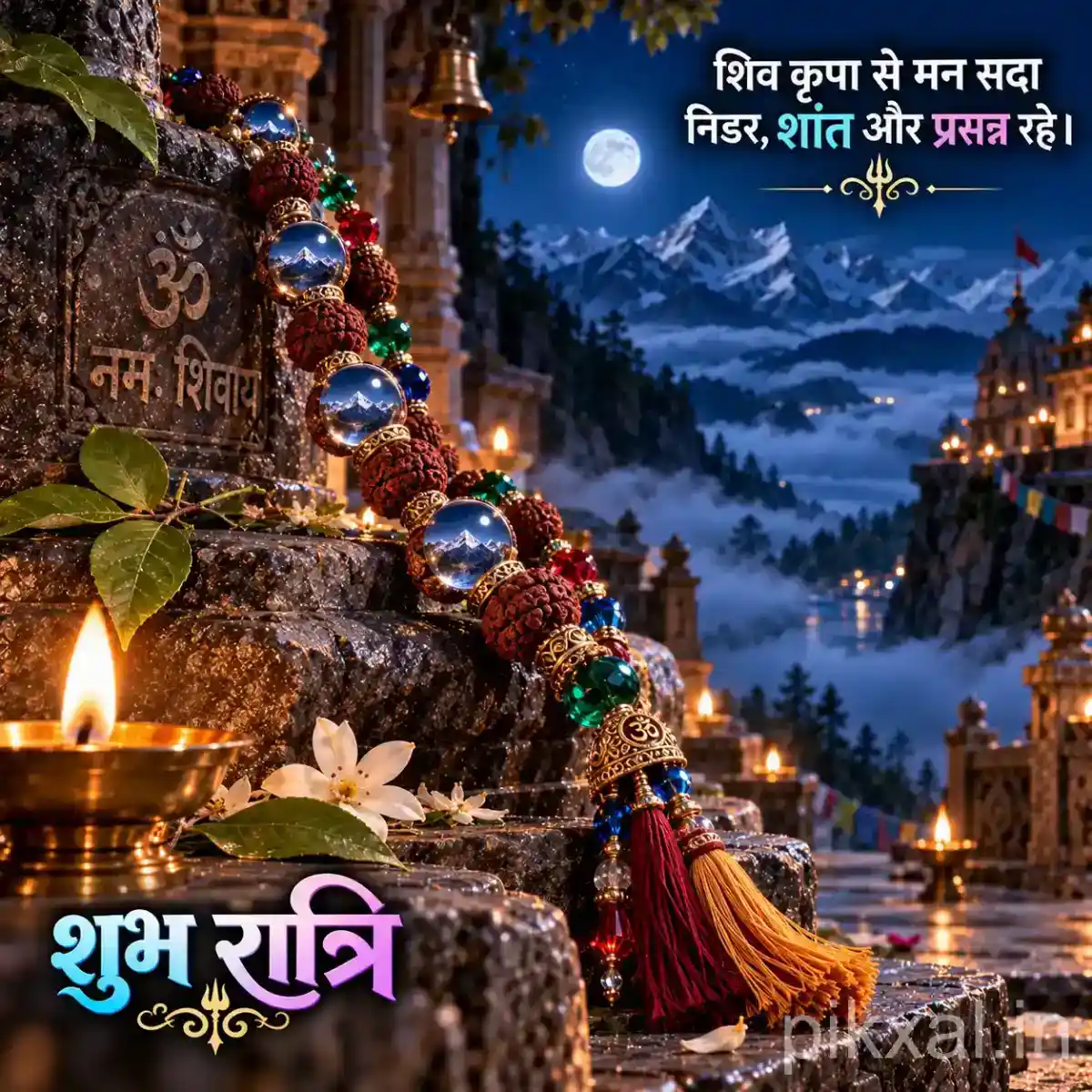 Sacred Shiva pillar decorated with Rudraksha malas and colorful prayer beads beside a glowing diya overlooking a moonlit Himalayan valley